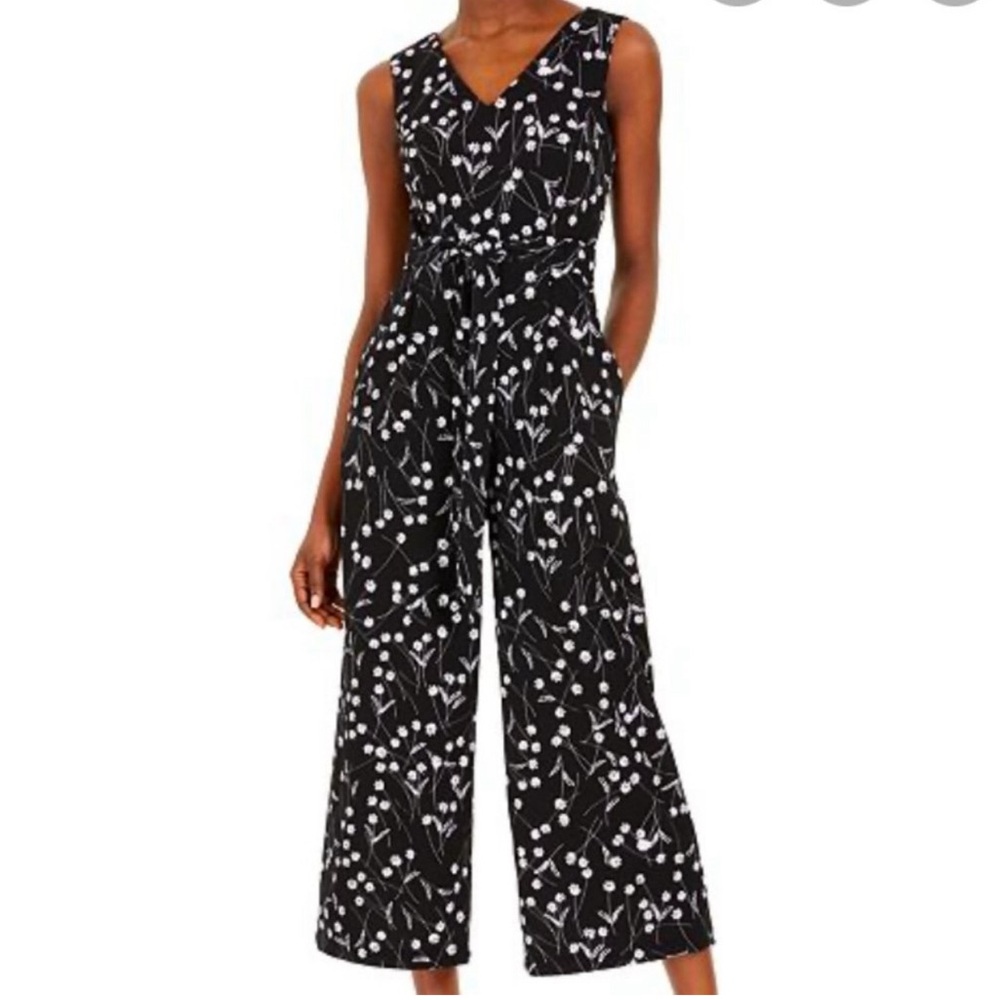 CALVIN KLEIN women’s black floral sleeveless jumpsuit zip tie-waist size 10